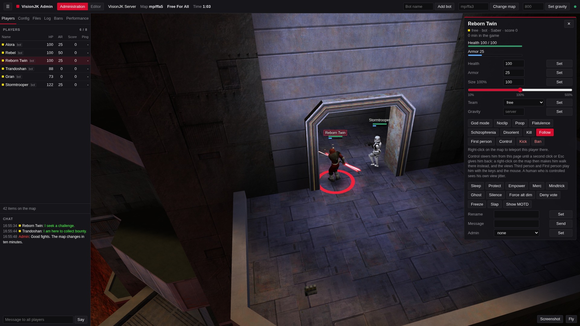 The admin page of a server: the player list, the map in 3D and the actions for one player